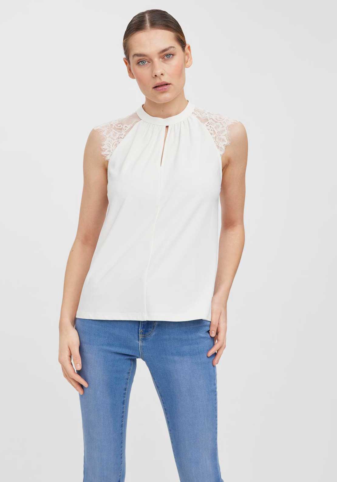 Vero Moda Milla High Neck Lace Sleeve Top, White