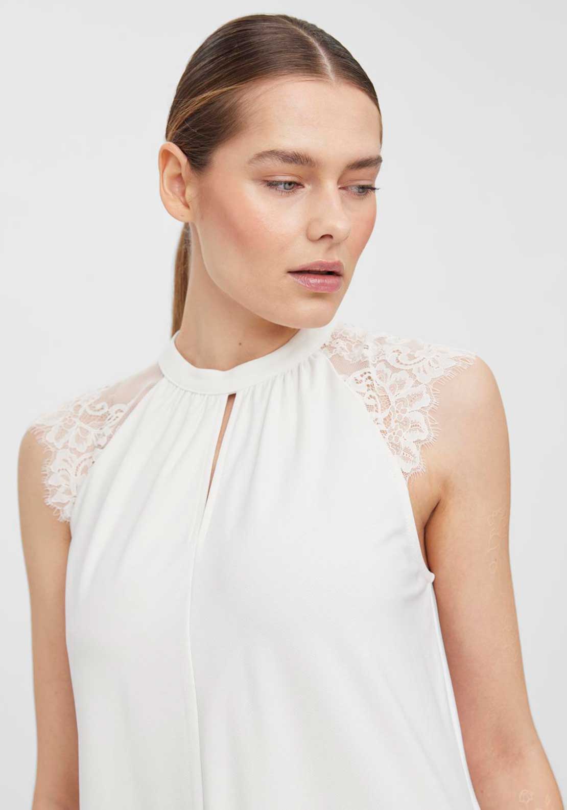 Vero Moda Milla High Neck Lace Sleeve Top, White
