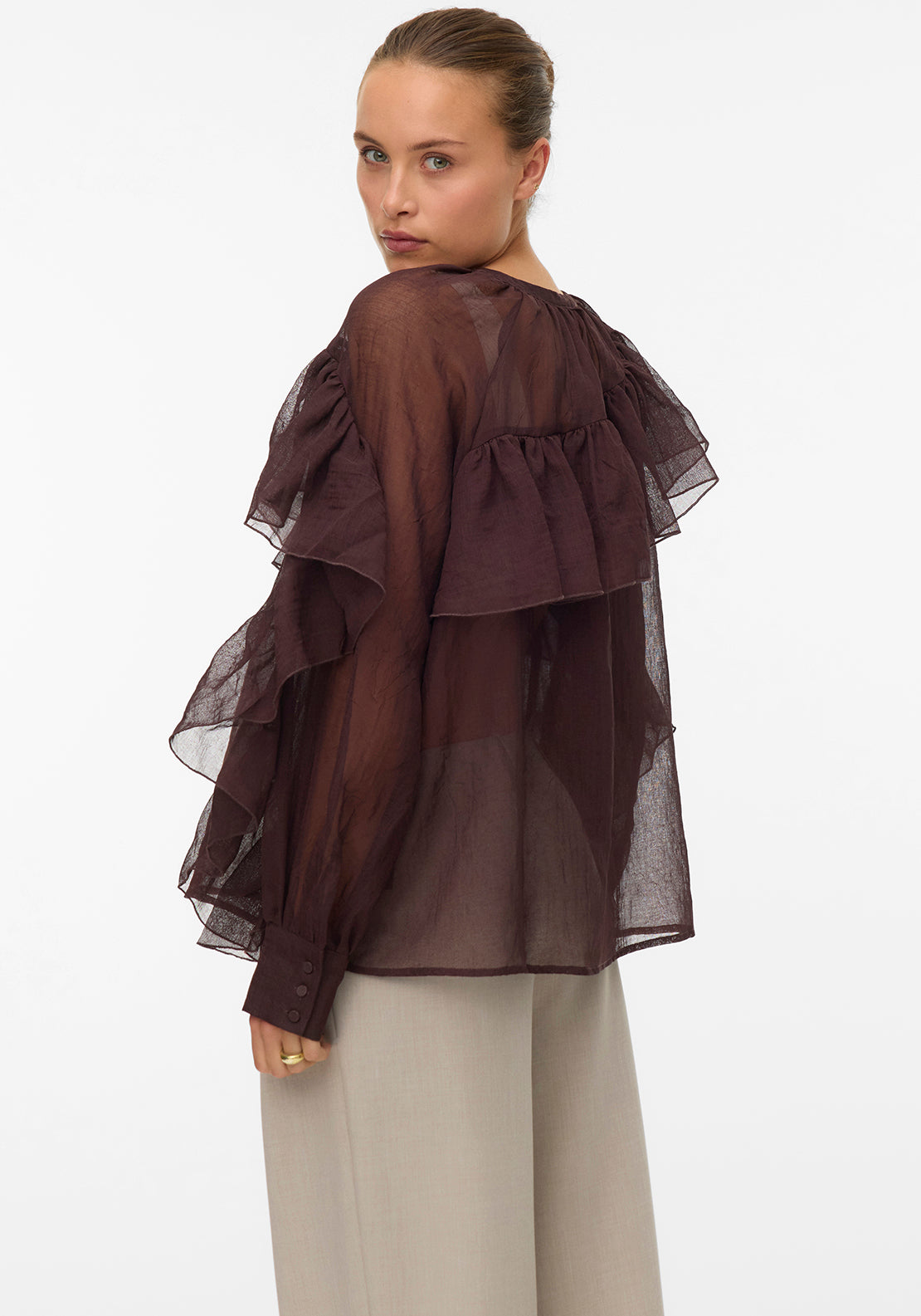 Vero Moda Sabrina Frill Sheer Blouse, Brown