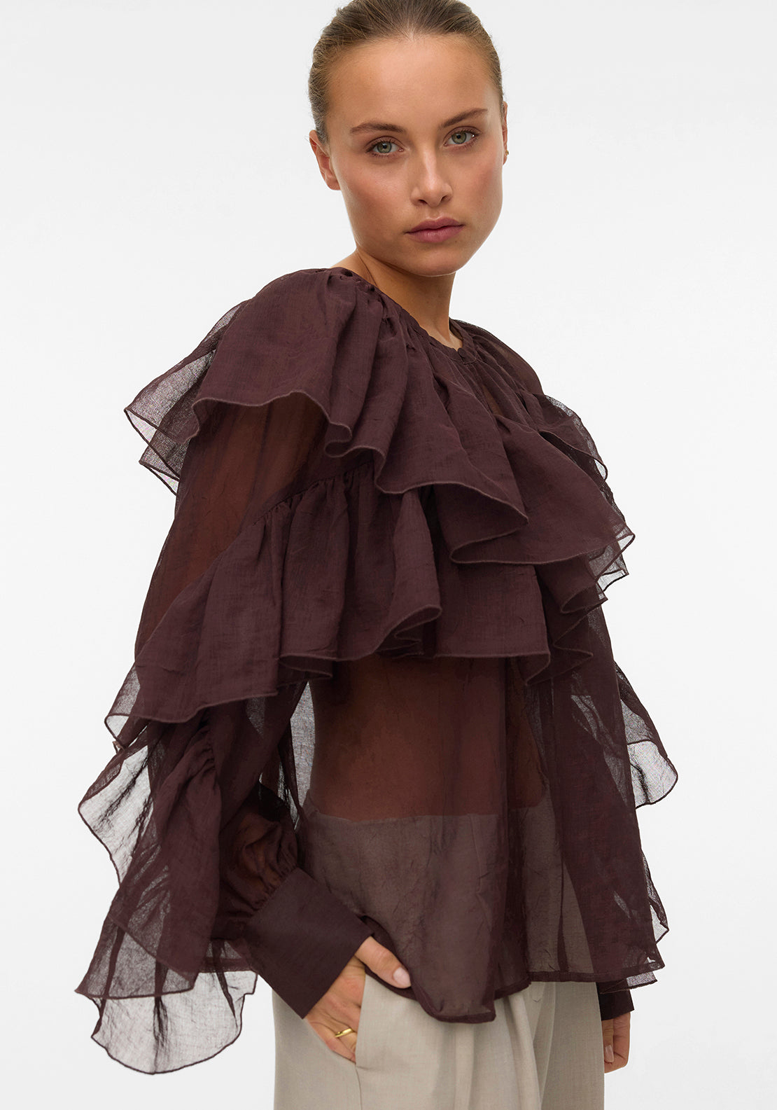 Vero Moda Sabrina Frill Sheer Blouse, Brown