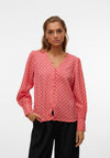 Vero Moda Moa Printed Button V Neck Top, Raspberry Sorbet
