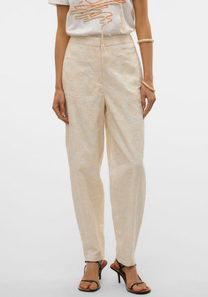 Vero Moda Eline Embroidered Barrel Trousers, Cream