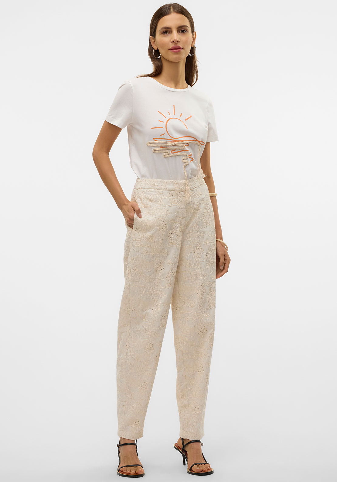 Vero Moda Eline Embroidered Barrel Trousers, Cream