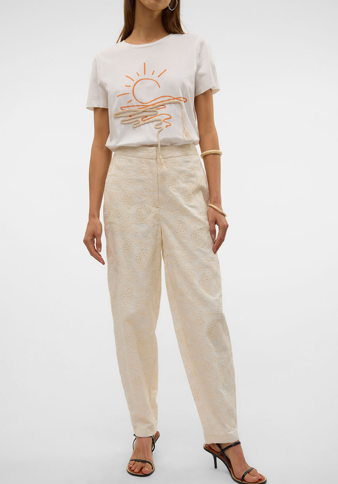 Vero Moda Eline Embroidered Barrel Trousers, Cream