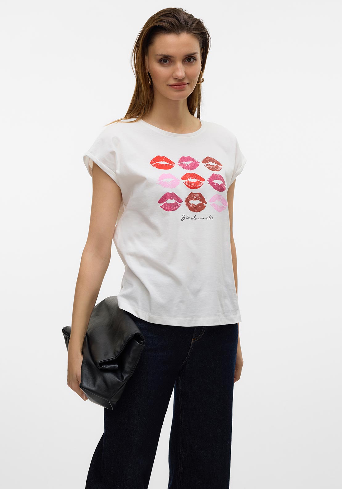 Vero Moda Cysma Glitter Lip Print T Shirt, White
