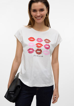 Vero Moda Cysma Glitter Lip Print T Shirt, White