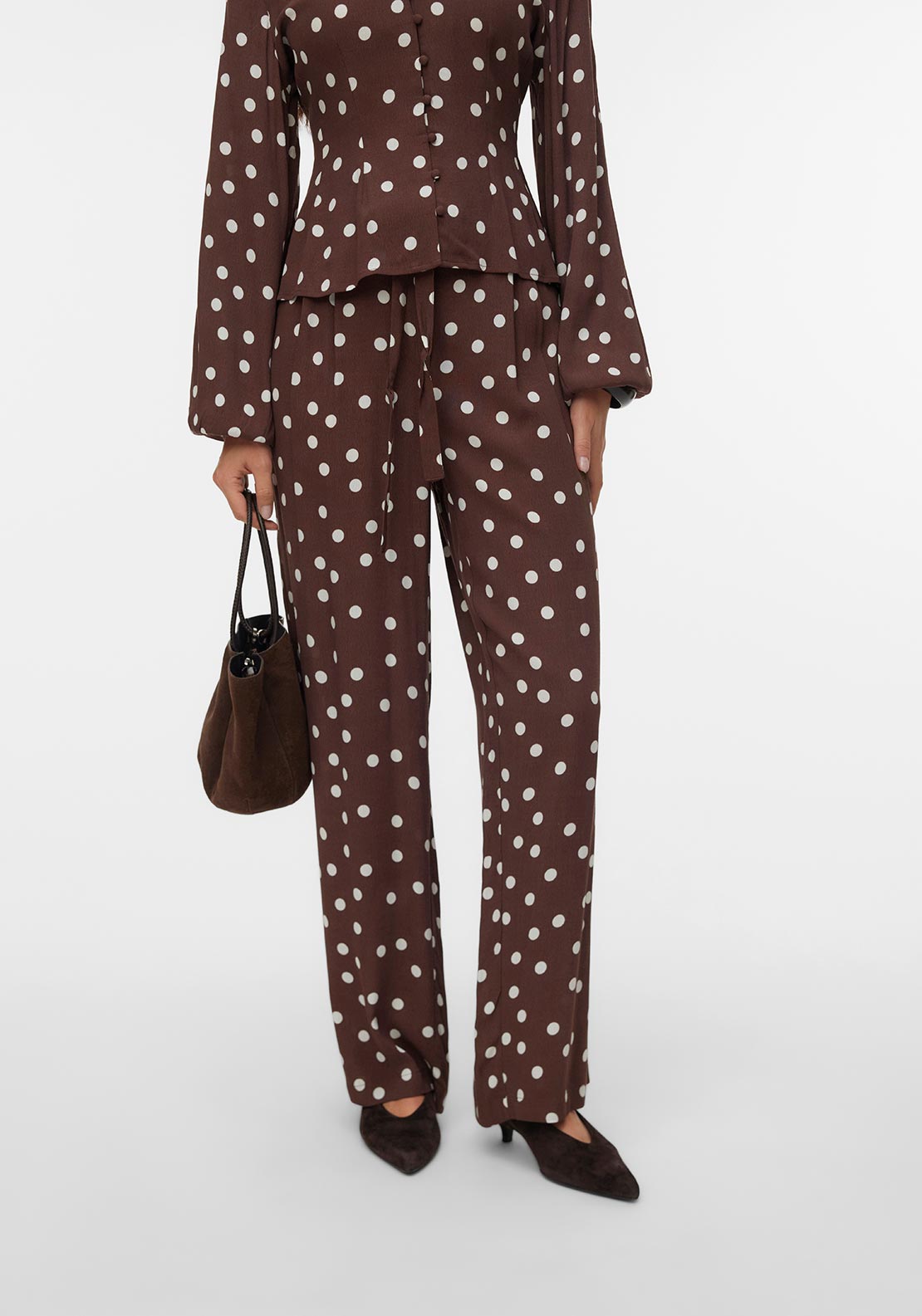 Vero Moda Elisa Polka Dot Trousers, Brown and White