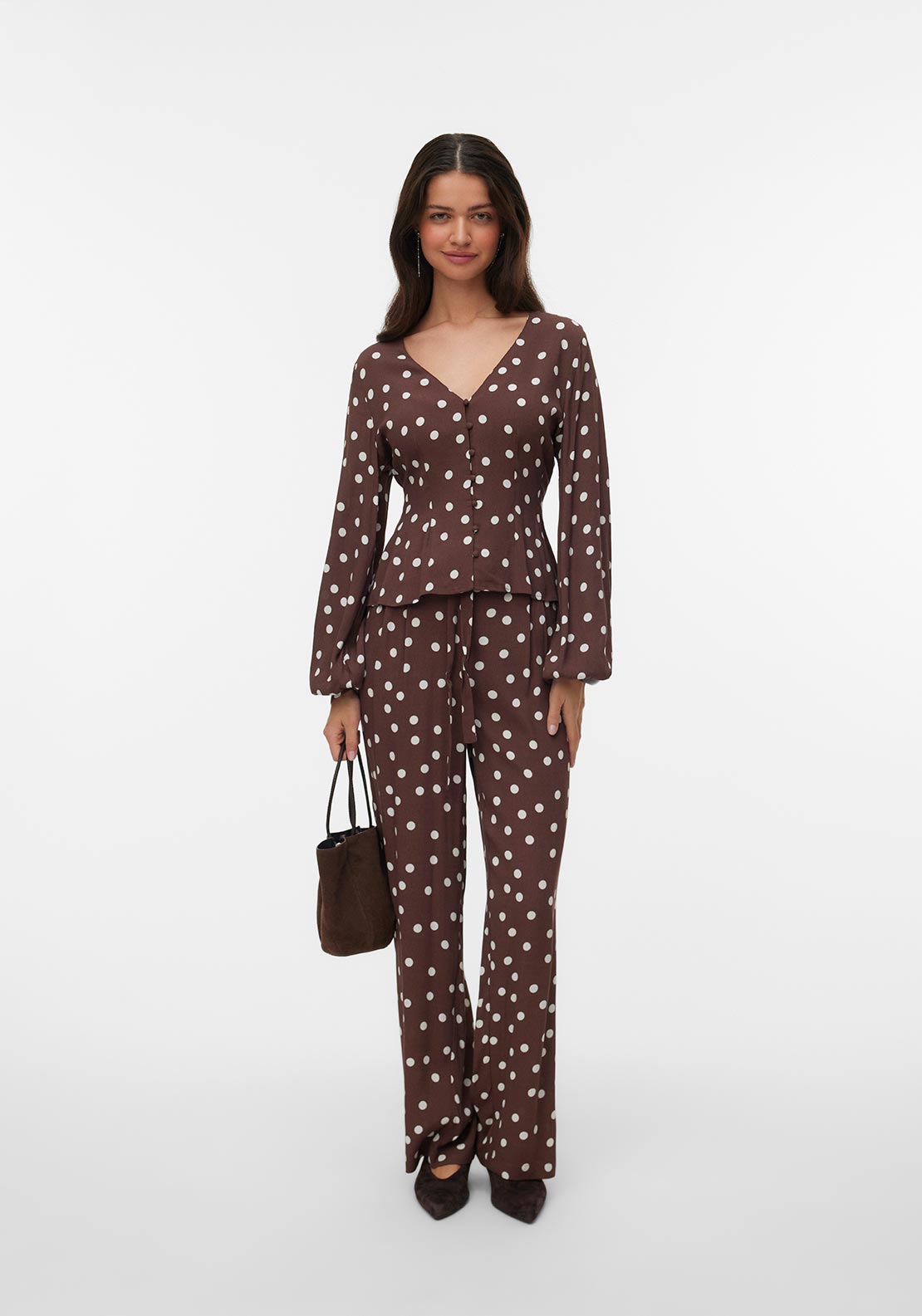Vero Moda Elisa Polka Dot Trousers, Brown and White