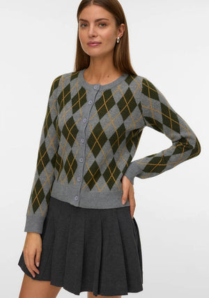 Vero Moda Sage Diamond Print Preppy Cardigan, Grey