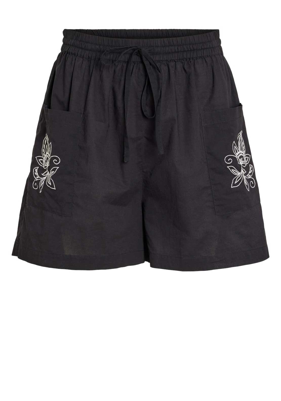 Vila Sella Embroidered Detail Shorts, Black
