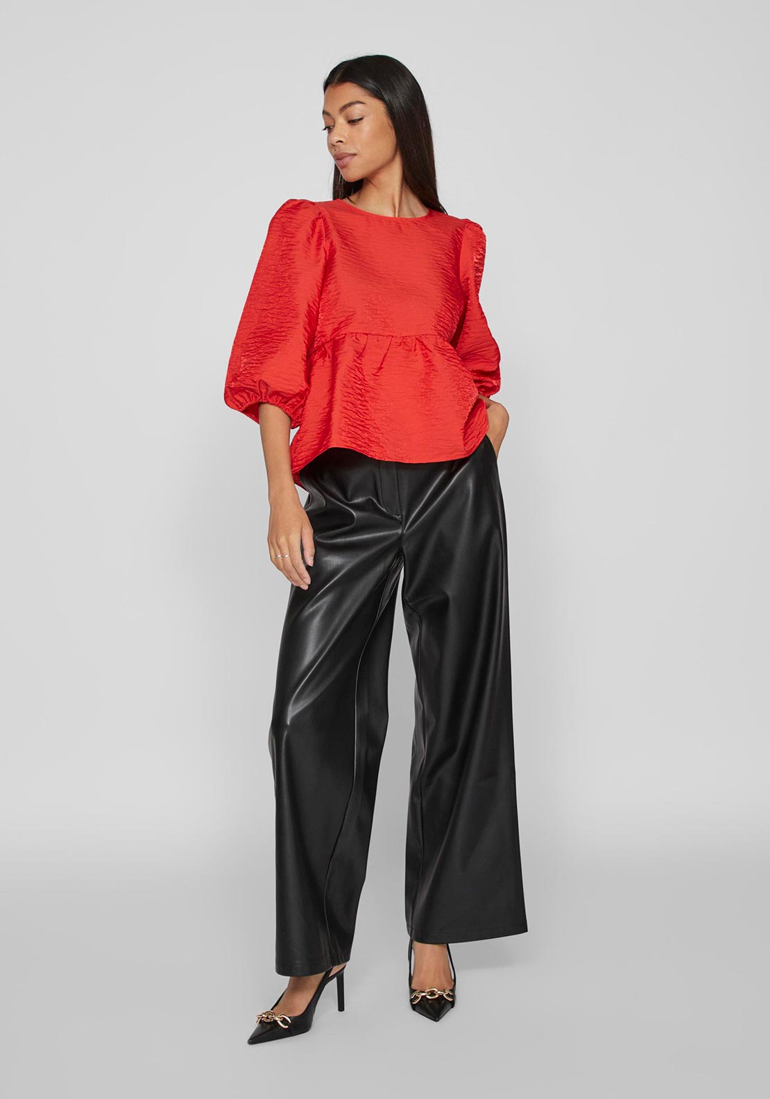 Vila Belle Balloon Sleeve Blouse, Medium Red