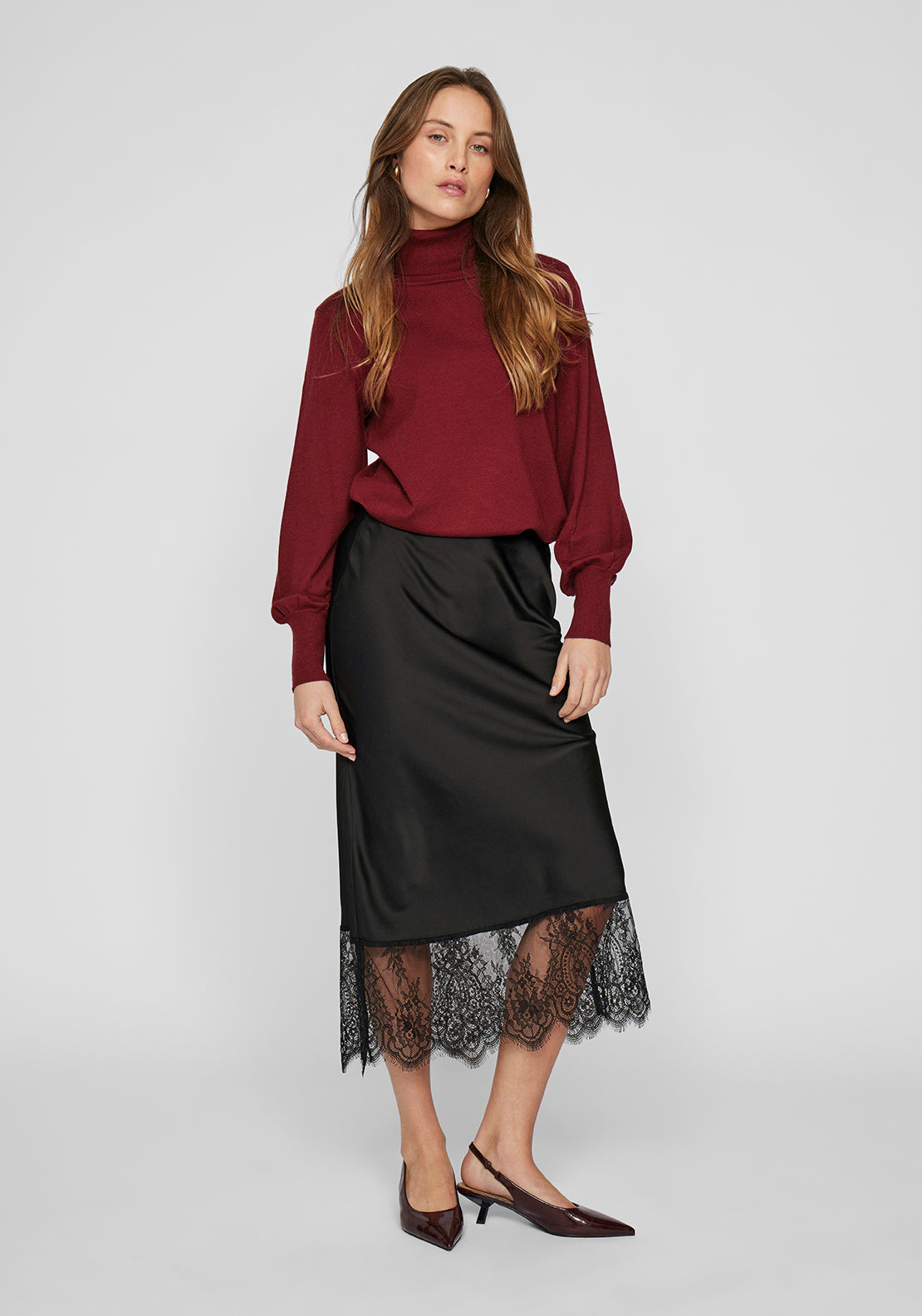 Vila Schasta Lace Trim Satin Midi Skirt, Black - McElhinneys