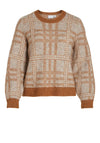 Vila Cilia Check Print Knitted Jumper, Caramel Cafe