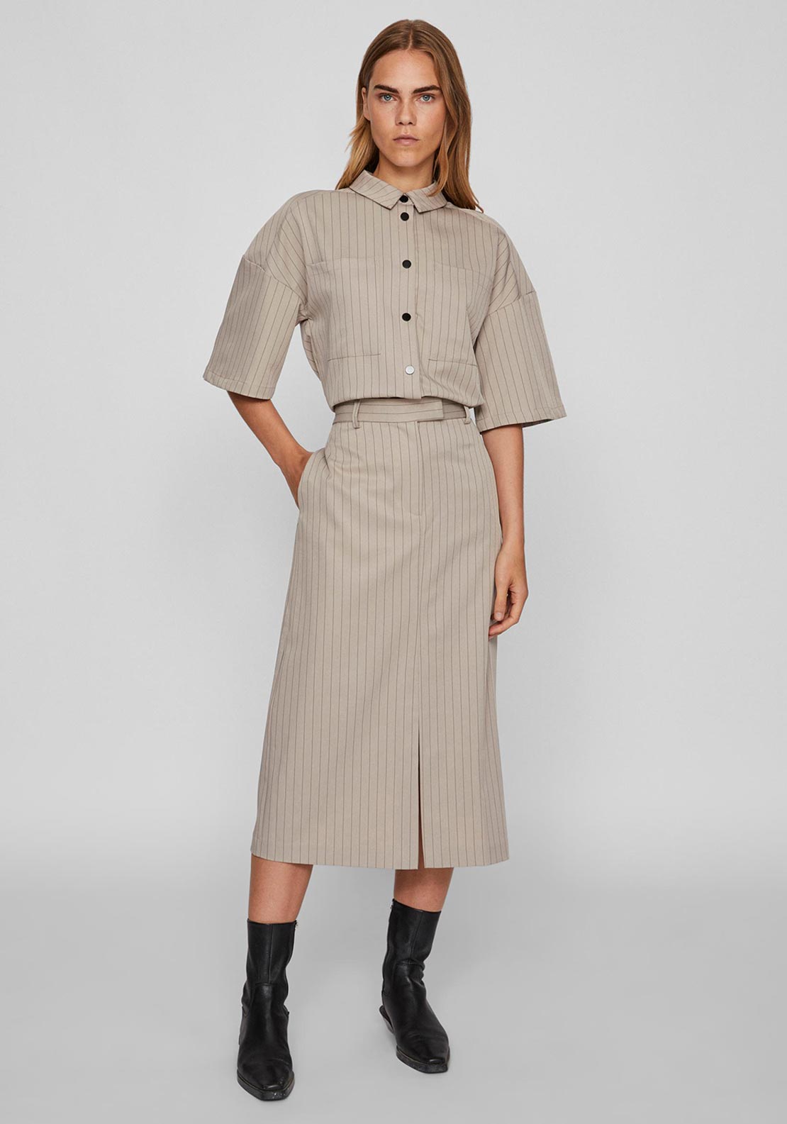 Vila Marlo Pinstripe Midi Skirt, Birch
