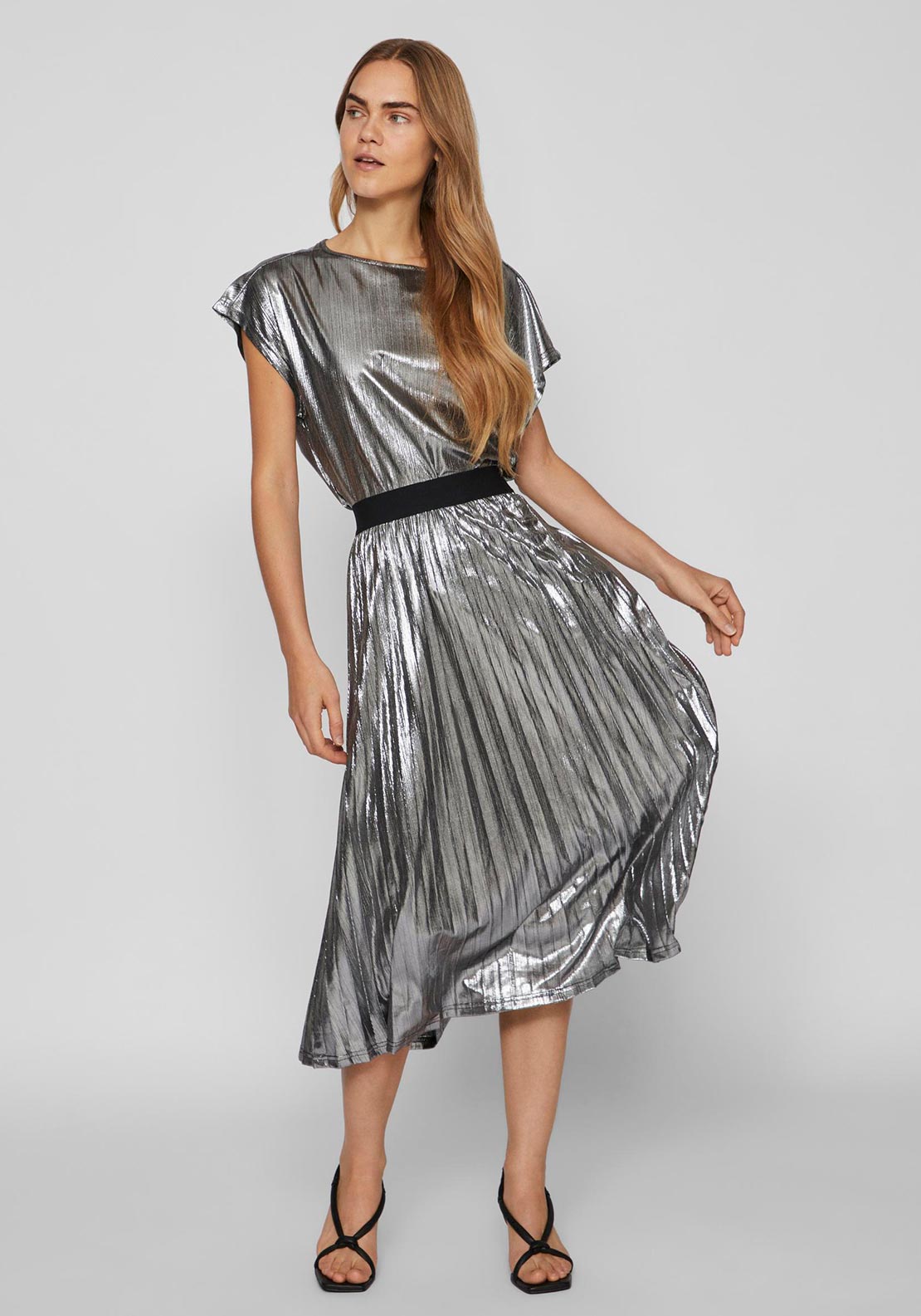 Vila Linea Pleated Metallic Midi Skirt, Silver