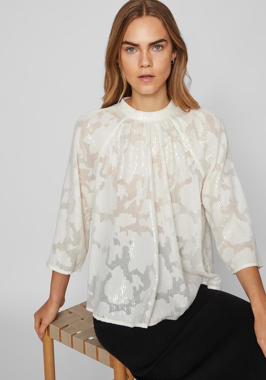 Vila Mika Floral Sequin Flowy Blouse, Cloud Dancer