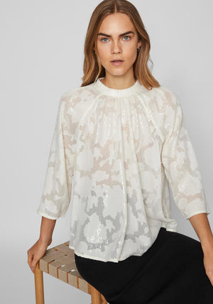 Vila Mika Floral Sequin Flowy Blouse, Cloud Dancer