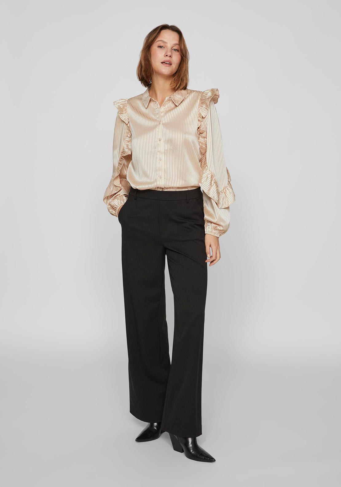 Vila Mile Satin Feel Frill Sleeve Blouse, Cement
