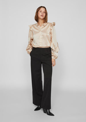 Vila Mile Satin Feel Frill Sleeve Blouse, Cement