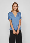Vila Ellette V-Neck Satin Top, Coronet Blue