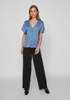 Vila Ellette V-Neck Satin Top, Coronet Blue
