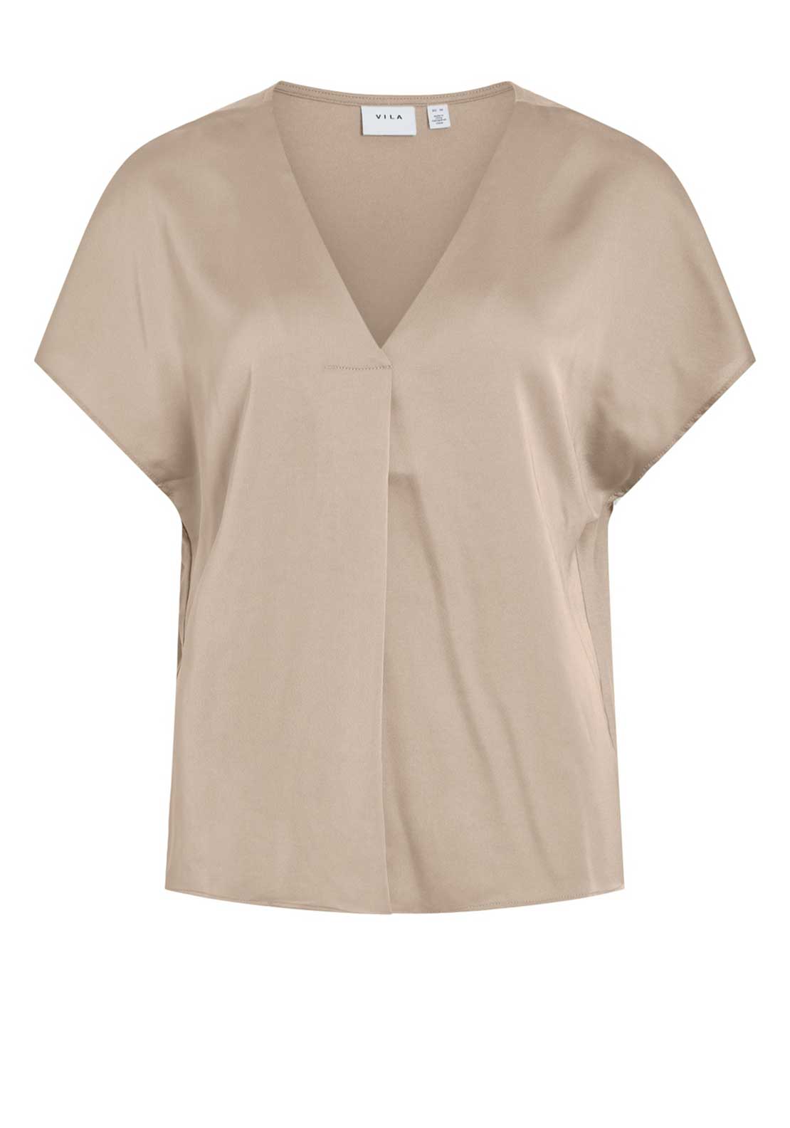 Vila Ellette V-Neck Satin Top, Cement