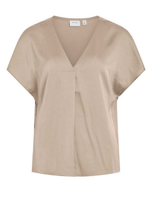 Vila Ellette V-Neck Satin Top, Cement