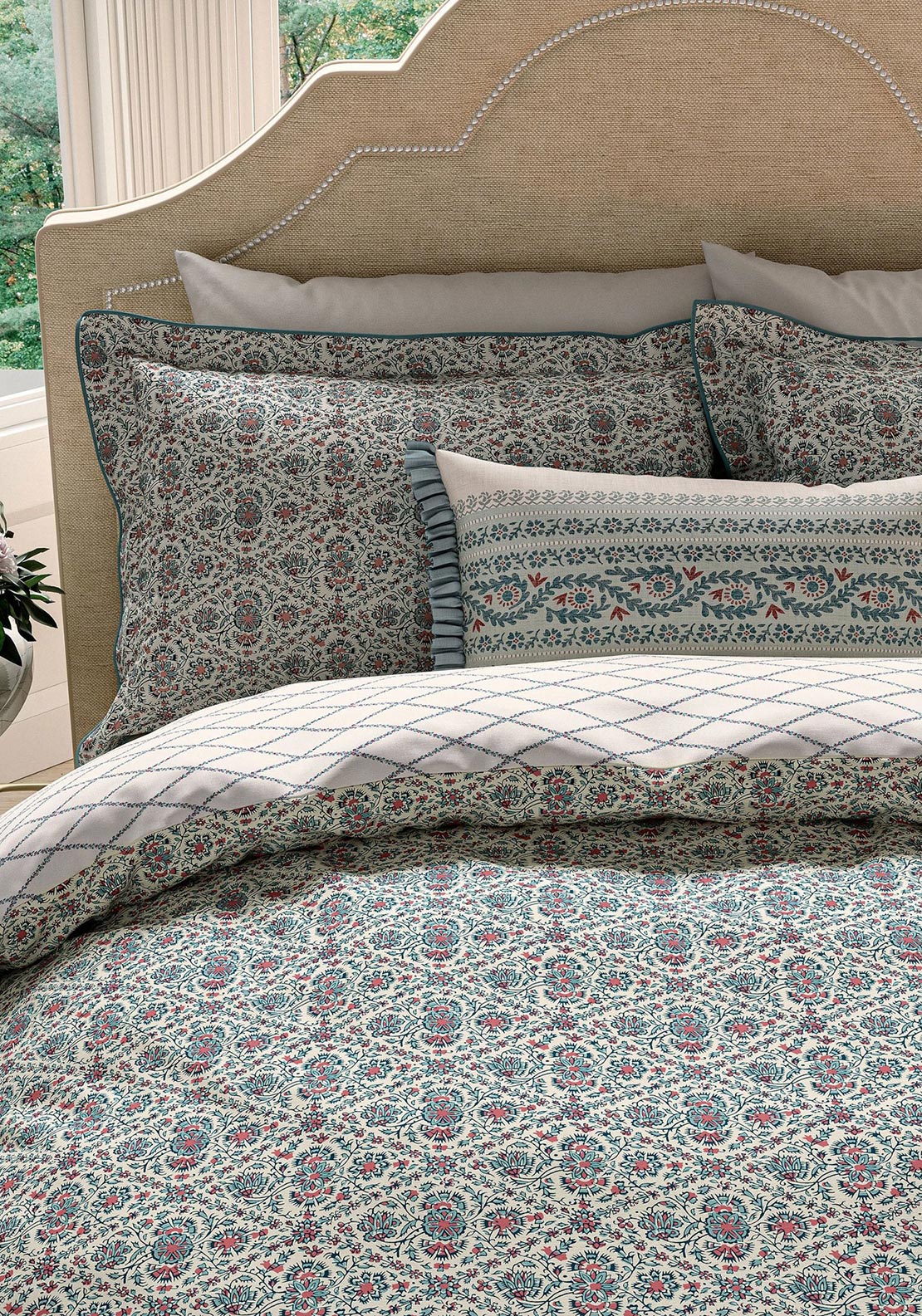 V&A Indian Lattice Cotton Duvet Cover Set, Red & Teal Blue