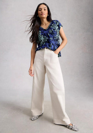 White Stuff Iris Linen Leaf Print T-Shirt, Navy