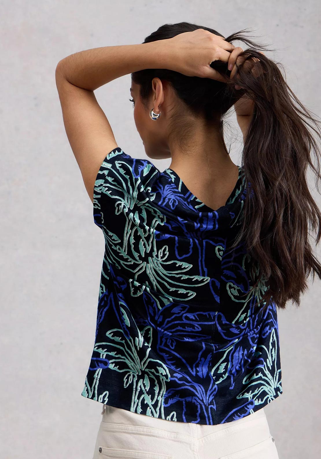 White Stuff Iris Linen Leaf Print T-Shirt, Navy