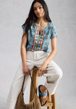 White Stuff Nelly Notch Neck Floral Print T-Shirt, Blue Multi