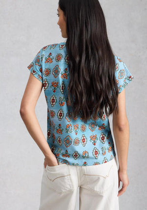 White Stuff Nelly Notch Neck Floral Print T-Shirt, Blue Multi