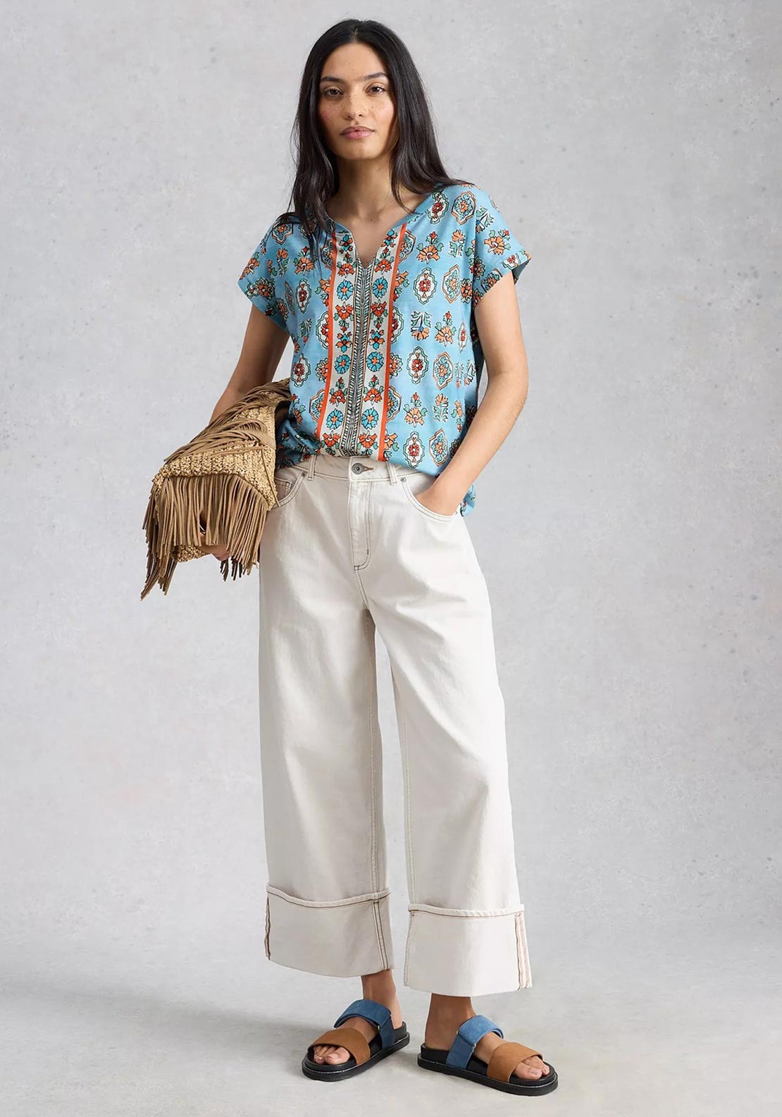 White Stuff Nelly Notch Neck Floral Print T-Shirt, Blue Multi