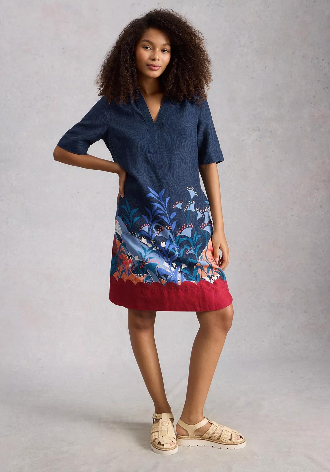 White Stuff June Linen V-Neck Dress, Navy