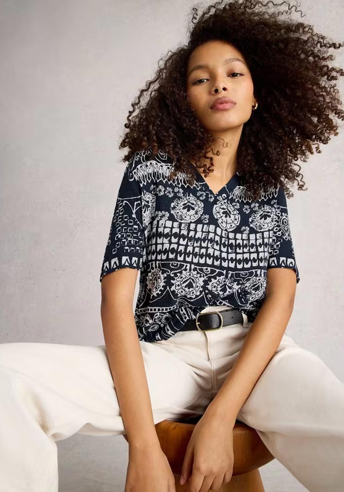 White Stuff Elisa V-Neck Abstract Pattern Top, Navy