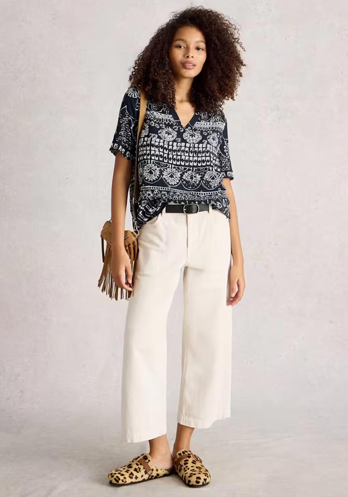 White Stuff Elisa V-Neck Abstract Pattern Top, Navy