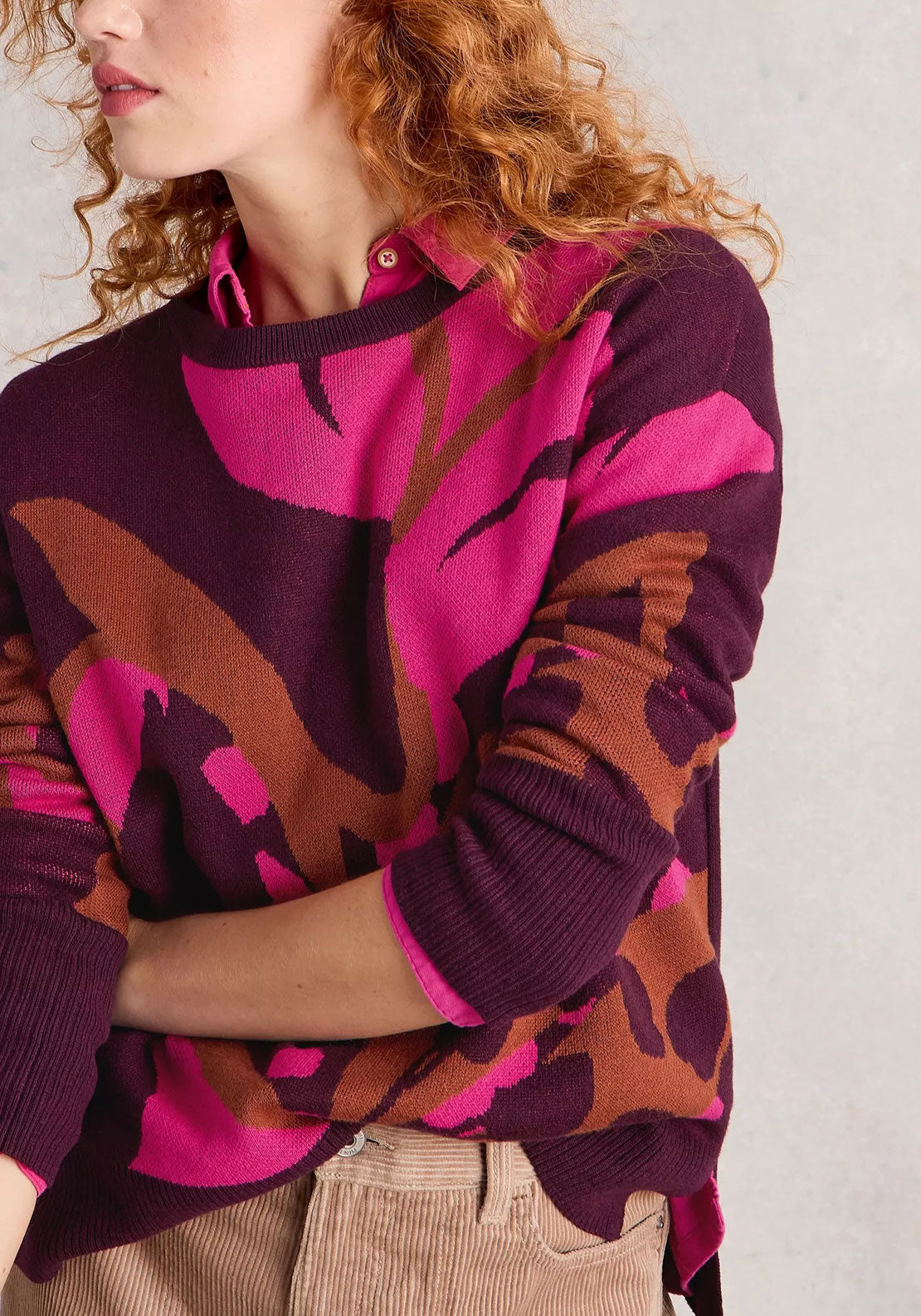 White Stuff Olive Leaf Print Jumper, Wine