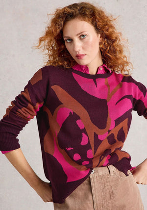 White Stuff Olive Leaf Print Jumper, Wine