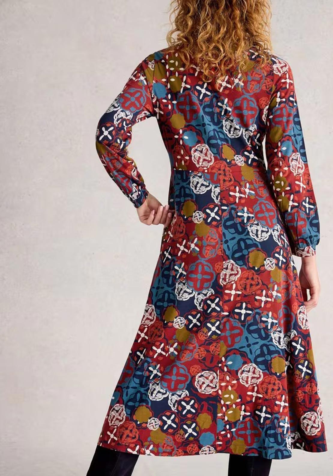 White Stuff Megan Long Sleeve Jersey Midi Dress, Red Multi
