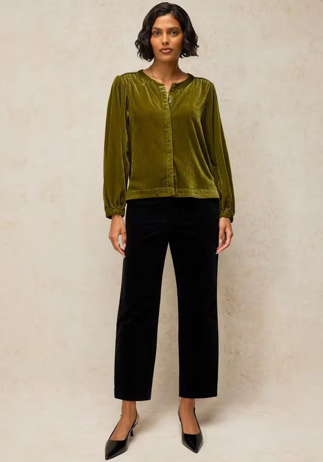 White Stuff Velvet Round Neck Blouse, Green