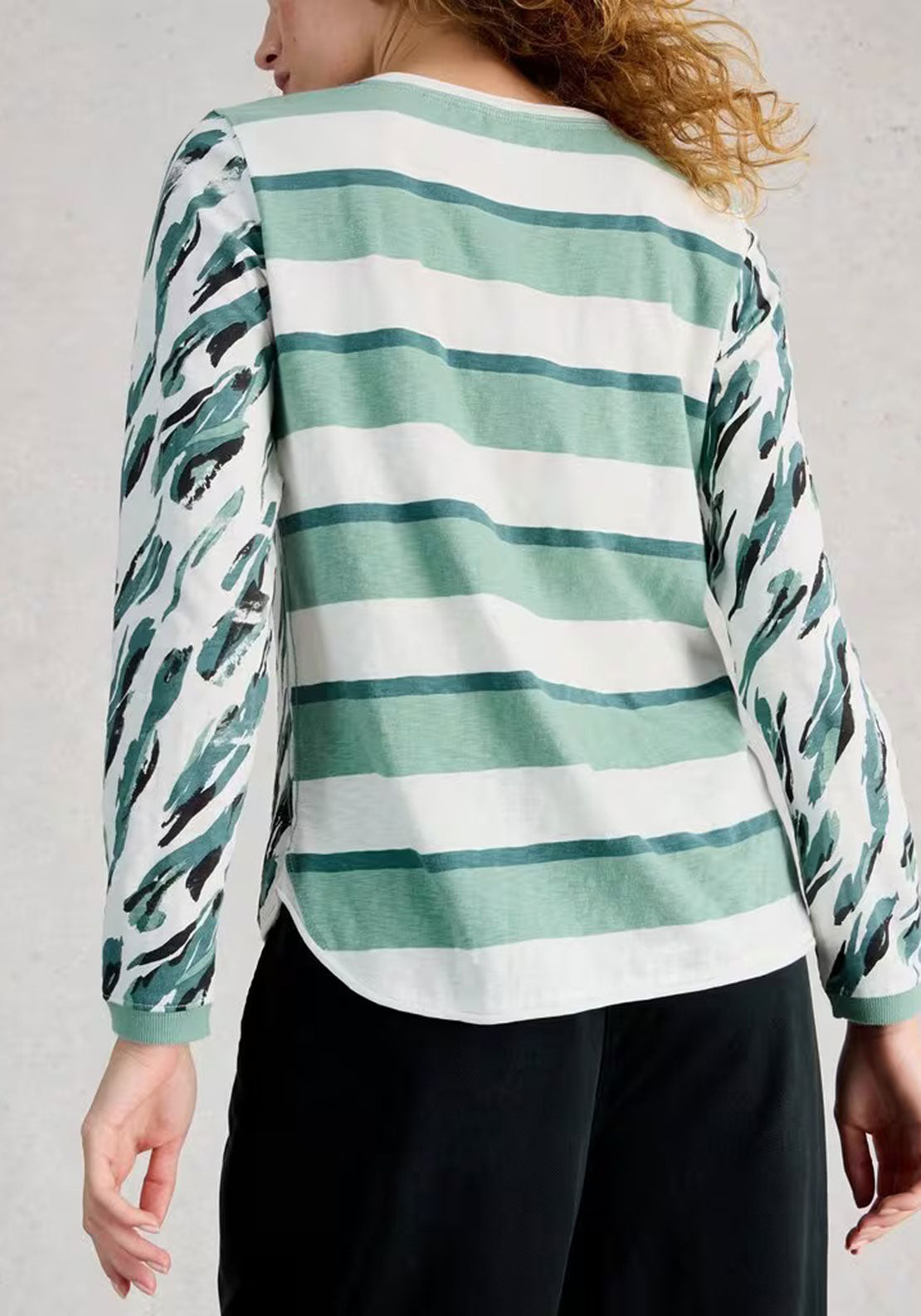 White Stuff Clara Contrasting Print Long Sleeve T-Shirt, Green