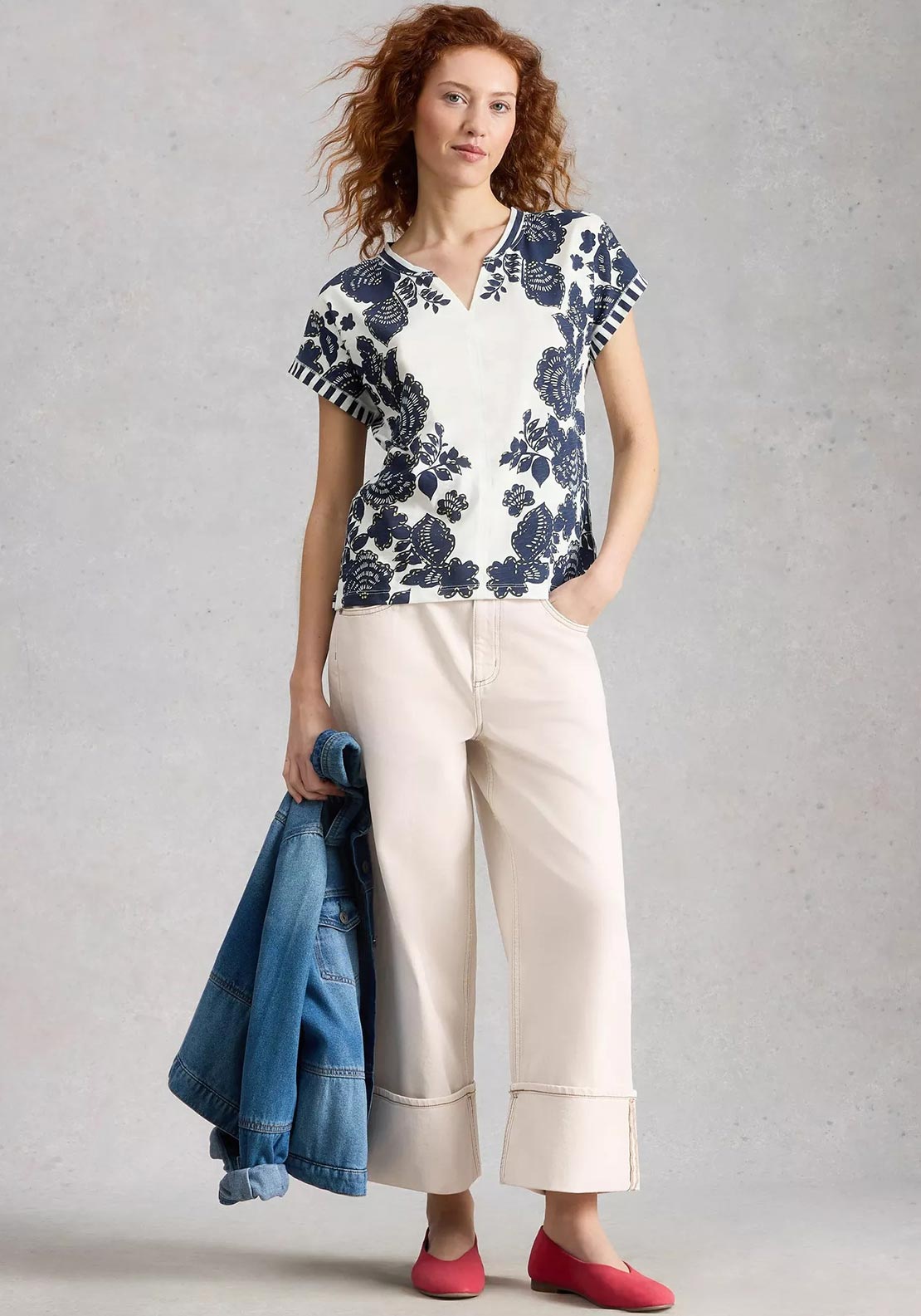 White Stuff Nelly Knit Short Sleeve Sweater, Ivory & Navy