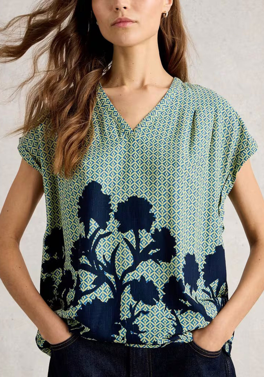 White Stuff Kate Floral Print V-Neck Blouse, Green