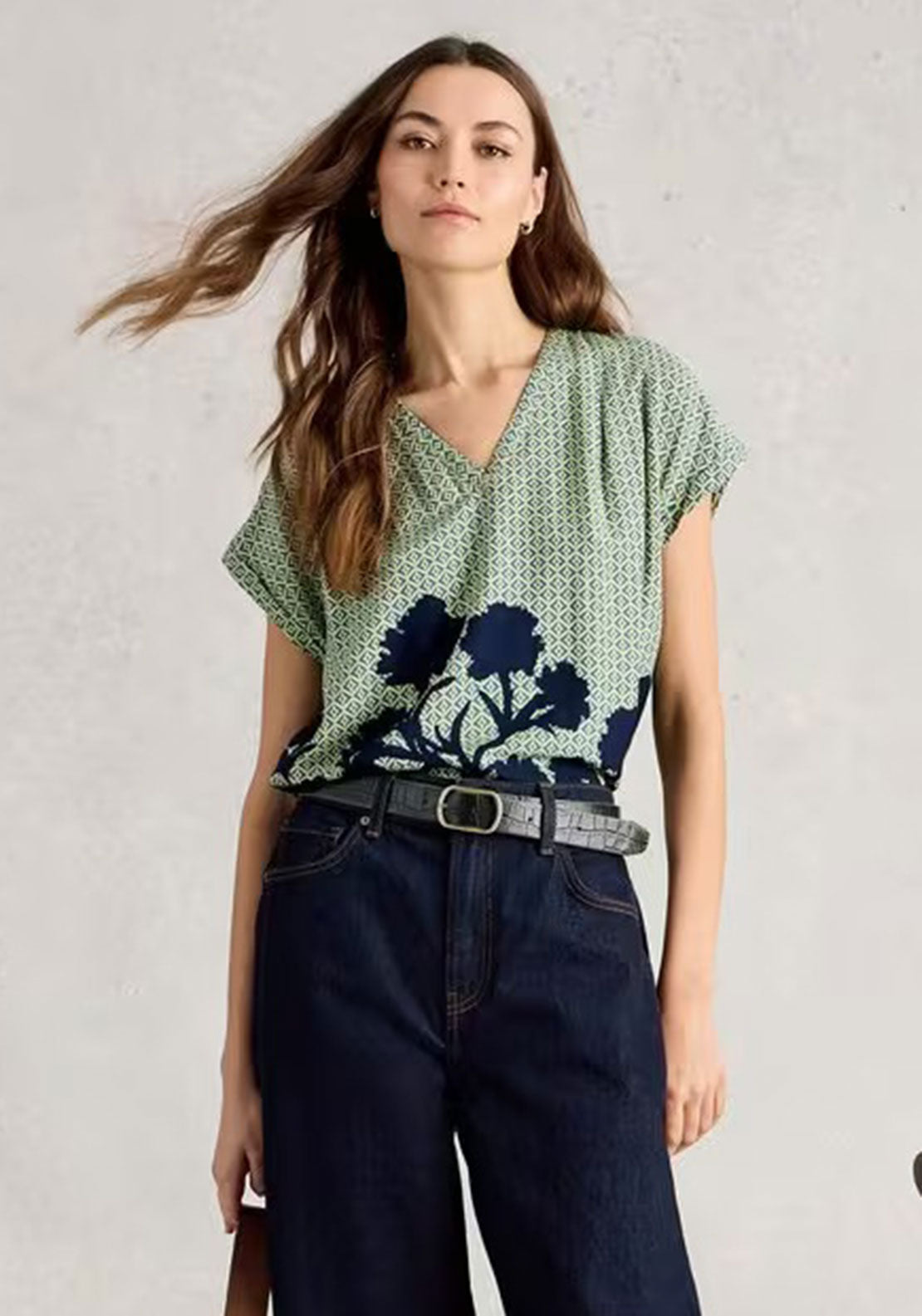 White Stuff Kate Floral Print V-Neck Blouse, Green