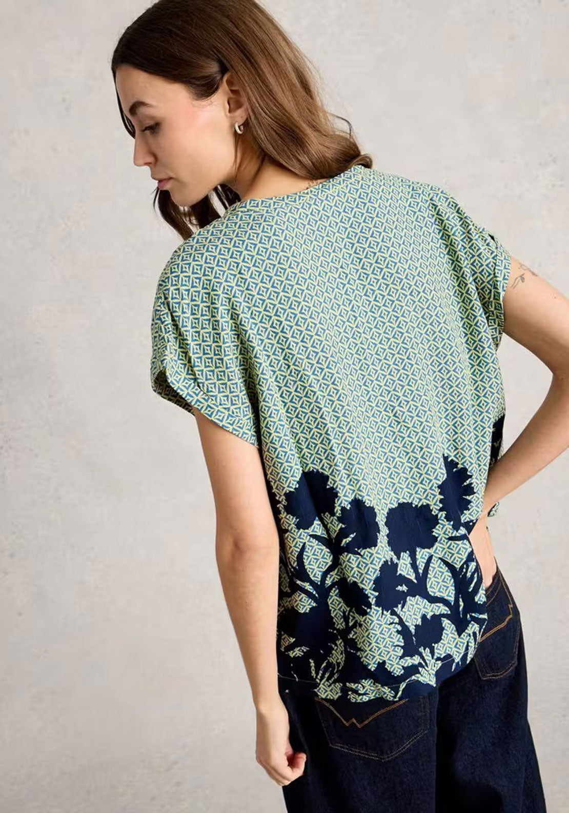 White Stuff Kate Floral Print V-Neck Blouse, Green
