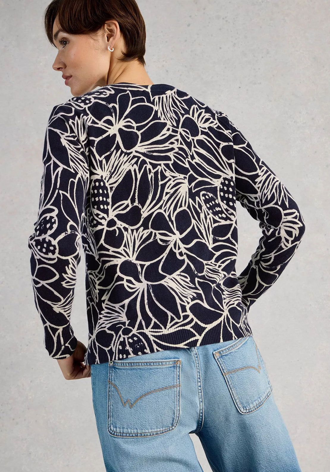 White Stuff Lulu Printed Crewneck Cardigan, Navy