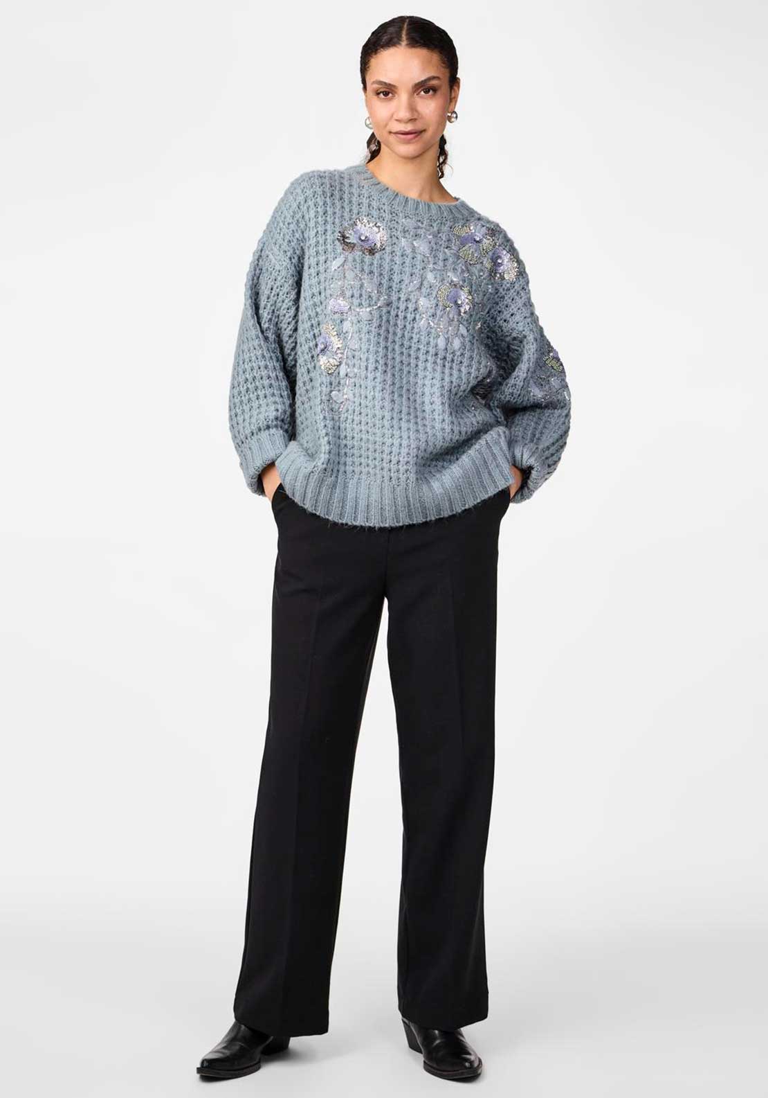 Y.A.S Finda Embellished Floral Chunky Jumper, Dusty Blue