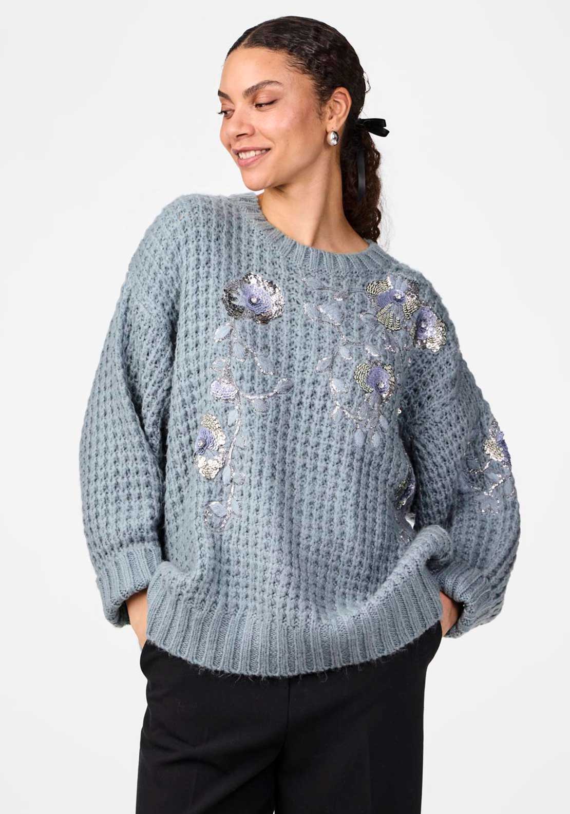 Y.A.S Finda Embellished Floral Chunky Jumper, Dusty Blue