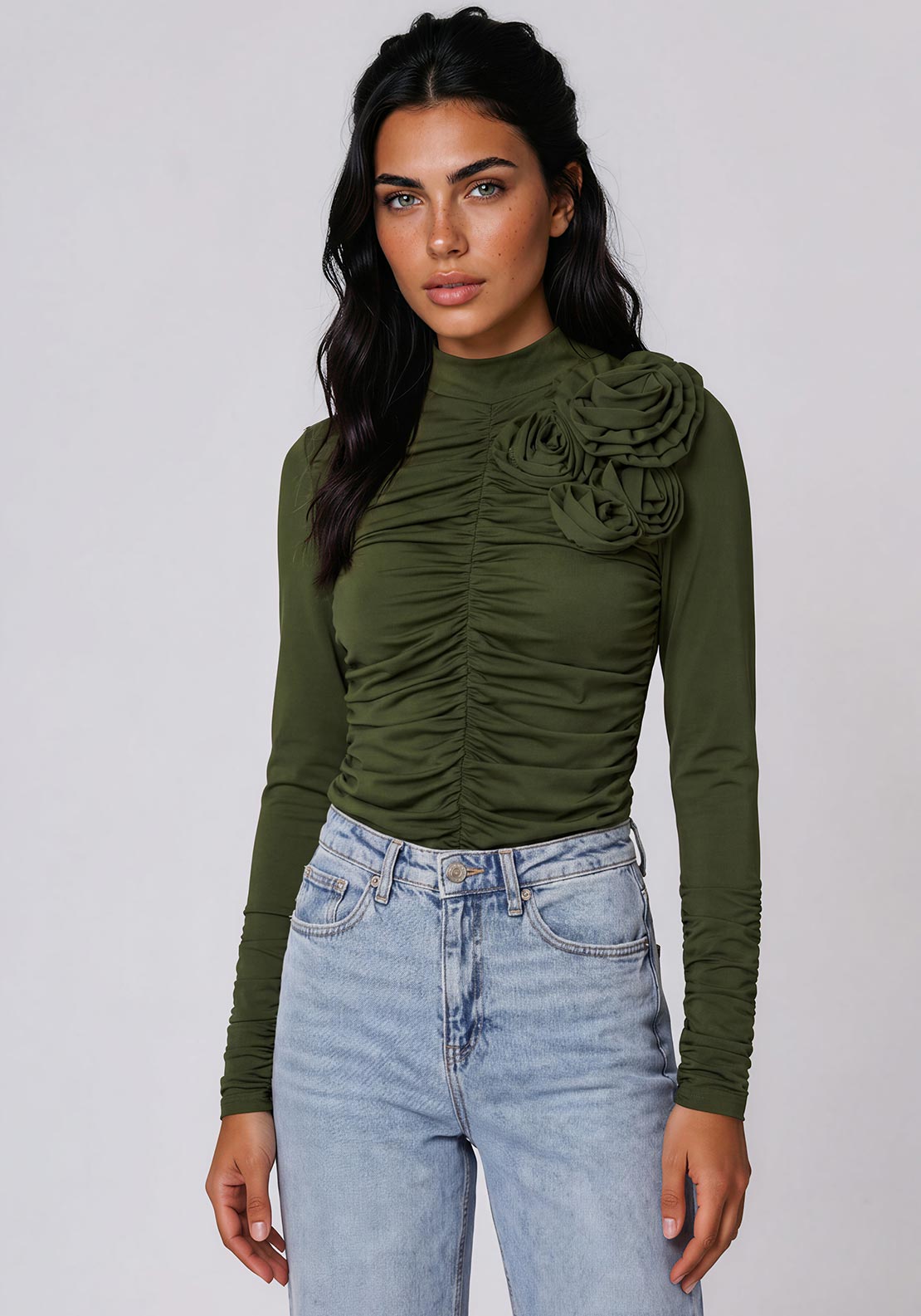 Y.A.S Dona Corsage Ruched Top, Green