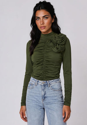 Y.A.S Dona Corsage Ruched Top, Green